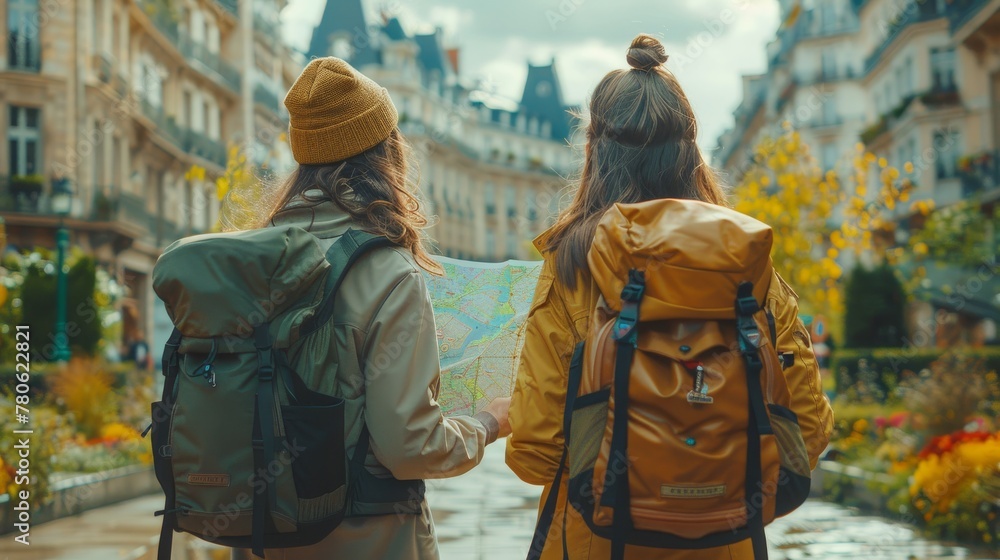 Tourists using a map and navigator in the city. A woman holding a phone telling a woman to give directions.