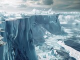 Global warming, melting glaciers and rising sea levels in a dystopian future, hyper-realistic illustration