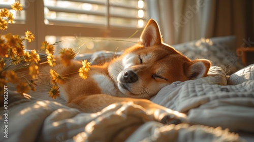 dog on the bed. The Shiba Inu is a Japanese dog that is famous worldwide.