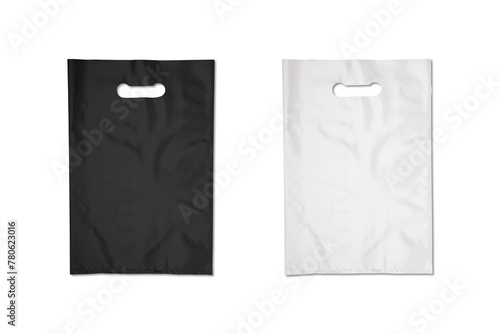 Blank white and black plastic bag mockup with space for your design and branding. 3d rendering.