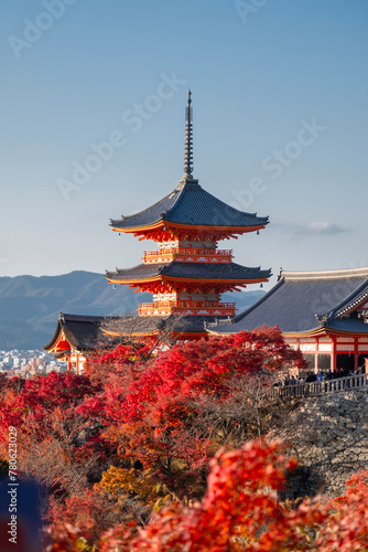 Kiyomizu-dera Buddhist temple and Sanjunoto three Story Pagoda with autumn color, Kyoto, UNESCO World Heritage Site, Honshu, Japan photo