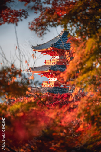 Kiyomizu-dera Buddhist temple and Sanjunoto three Story Pagoda with autumn colors, Kyoto, UNESCO World Heritage Site, Honshu, Japan photo