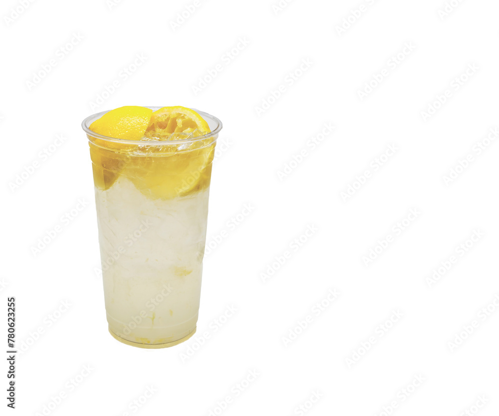 Photograph of a Iced cold Fresh Squeezed Lemonade in a clear cup isolated on a white background with copy space. Photograph of a Iced cold Fresh Squeezed Lemonade in a clear cup isolated on a white background with copy space.