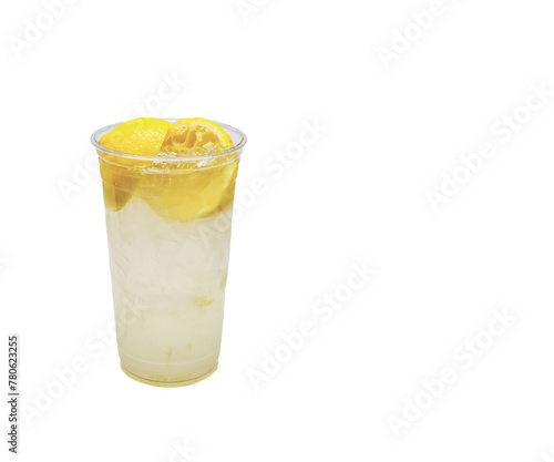 Photograph of a Iced cold Fresh Squeezed Lemonade in a clear cup isolated on a white background with copy space.
