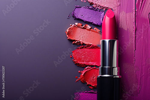 top view of lipstick with smear painting on dark purple background, commercial lipstick poster, cosmetic background