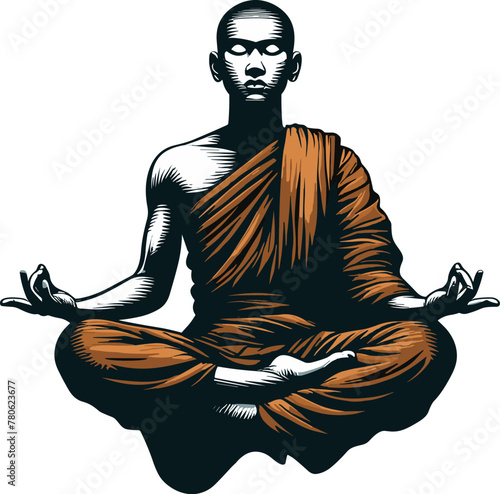 Adobe Illustrator Artwork a Buddhist monk floating in air and do meditation, self discipline, strong mindset vector illustration

