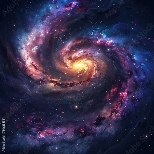 Empty space background, a hyper-realistic view of a galaxy with swirling colors and bright stars