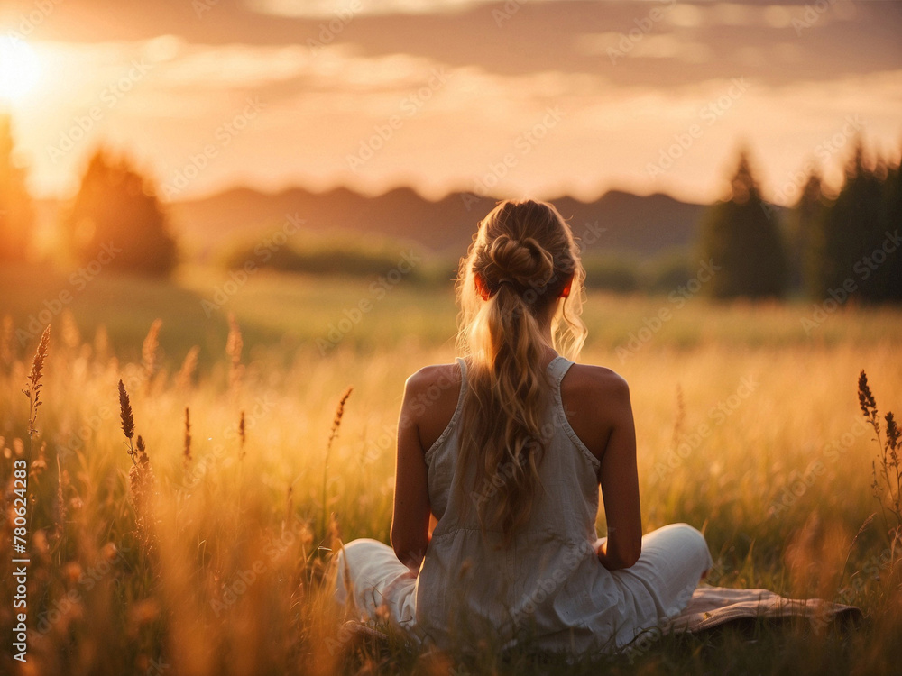 meditating and relaxing blonde woman in evening or morning nature, golden hour 