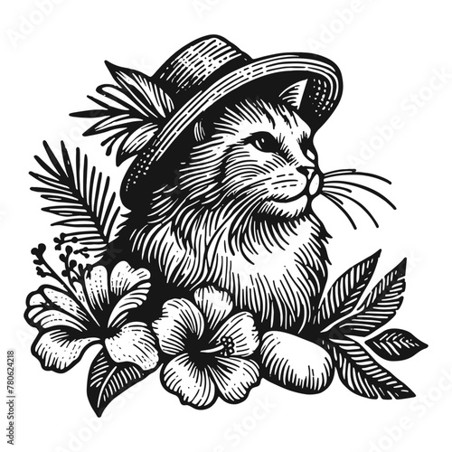 cat wearing hat with flowers summer illustration