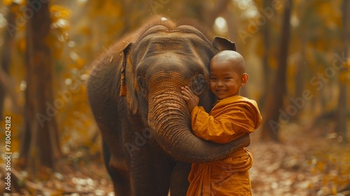 Thai novices or monks hug elephants. photo