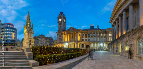 View of Chamberlain Memorial in Chamberlain Square at dusk, Birmingham, West Midlands, England, United Kingdom photo
