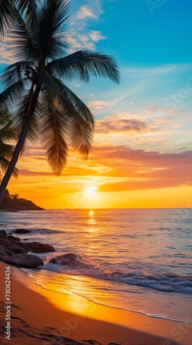 Beautiful sunset over the ocean and beach with palm trees.