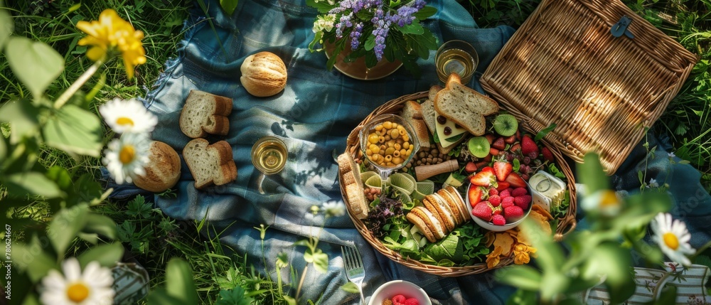 A flat lay of a picnic basket filled with sandwiches, salads, fruits, and snacks, nestled among a blanket, picnic utensils, and a bouquet of wildflowers, set against a backdrop of a lush green park