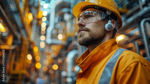 Workers in large industrial plants wear protective equipment including hard hats, eye protection, ear plugs, and vis clothing. photo