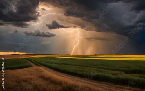 Dramatic storm clouds over Kansas wheat fields, golden light, vast, open skies