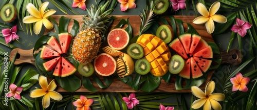 Wallpaper Mural A flat lay of a tropical fruit platter arranged on a wooden cutting board, including sliced watermelon, pineapple, mango, and kiwi, surrounded by palm leaves and exotic flowers Torontodigital.ca