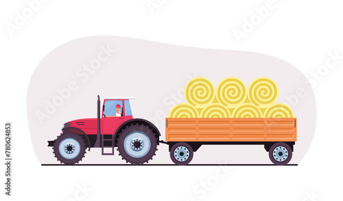 A tractor is pulling a trailer with hay. Vector illustration.