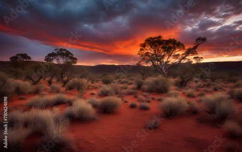 Fiery red and orange Australian Outback at dusk, rugged terrain, vast, wild landscape