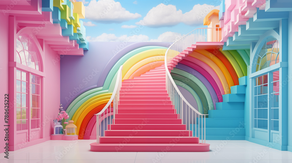 Urban Rainbow Ascendancy: A colorful journey through cityscapes and skies, ascending stairways of success and illuminating paths of possibility