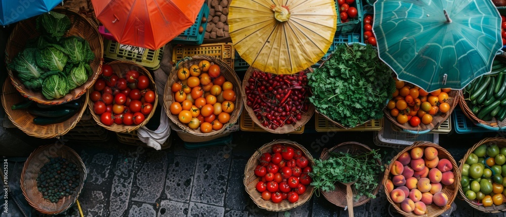 An overhead shot of a vibrant farmers' market stall filled with baskets of fresh produce, including ripe tomatoes, crisp lettuce, juicy peaches, and fragrant herbs, with colorful umbrellas overhead