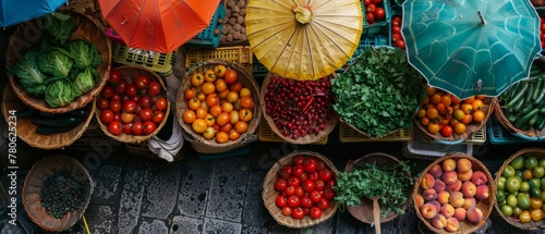 An overhead shot of a vibrant farmers' market stall filled with baskets of fresh produce, including ripe tomatoes, crisp lettuce, juicy peaches, and fragrant herbs, with colorful umbrellas overhead photo