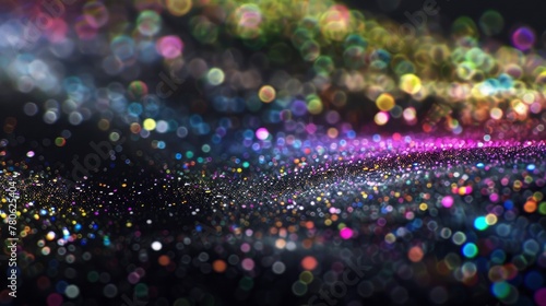Abstract colorful particles on black background, multicolored dots and lines of various sizes with bokeh effect, set against a dark backdrop