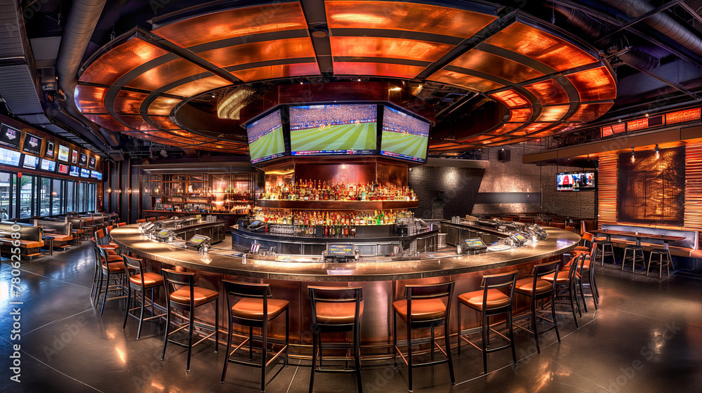Fototapeta premium A bar with a large screen TV showing a soccer game.