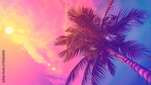 abstract palm tree, colorful sky with the sun in the background, purple and pink colors, vintage look, summer vibes, vibrant colors, tropical vibes, nature photography, natural light © PicTCoral