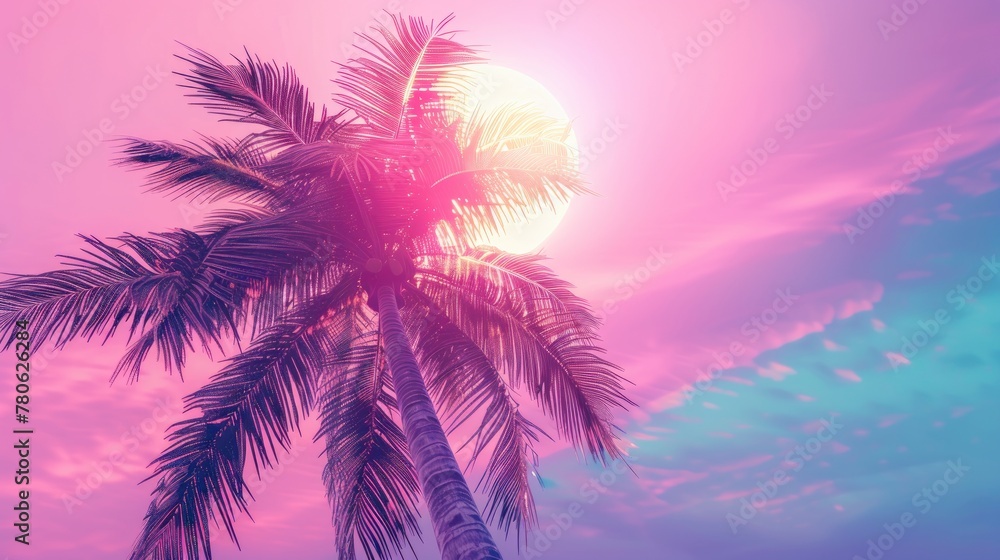 abstract palm tree, colorful sky with the sun in the background, purple and pink colors, vintage look, summer vibes, vibrant colors, tropical vibes, nature photography, natural light