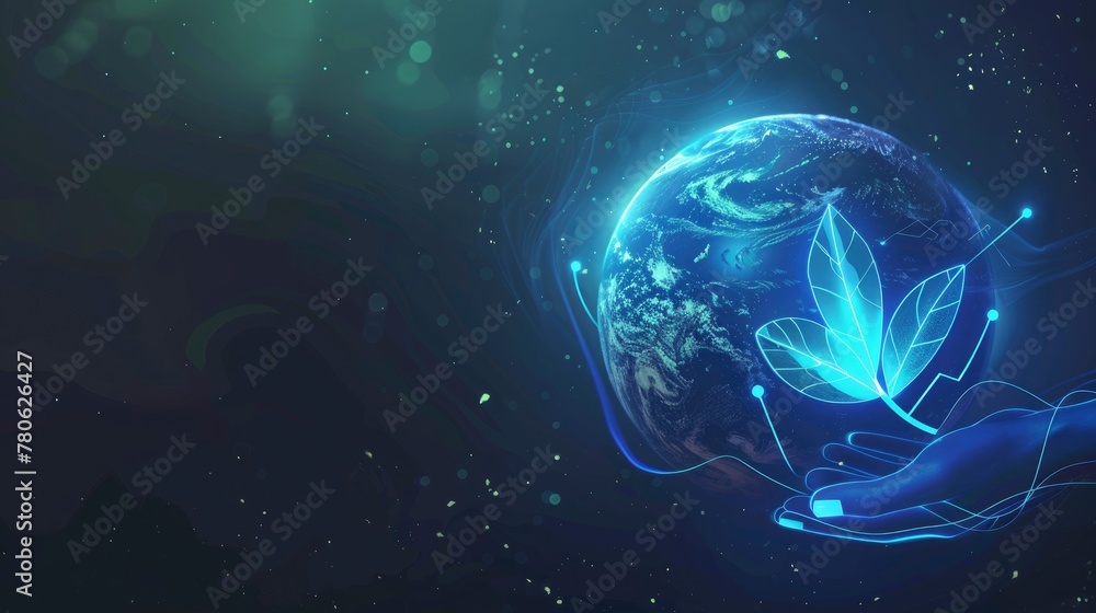 Abstract planet Earth with a glowing electric charging station icon, a hand holding a leaf and a light blue energy sign on a dark background 