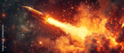 A depiction of fiery exhaust billowing out of a rocket as it soars towards the heavens ,3DCG,clean sharp focus