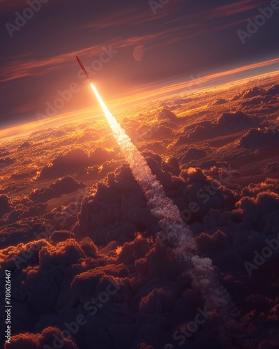 A scene of a blazing trail left by a rocket as it ascends into the sky ,3DCG,clean sharp focus