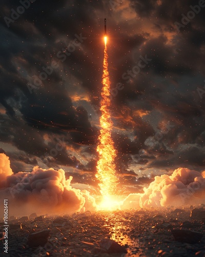 A scene of a blazing trail left by a rocket as it ascends into the sky ,3DCG,clean sharp focus