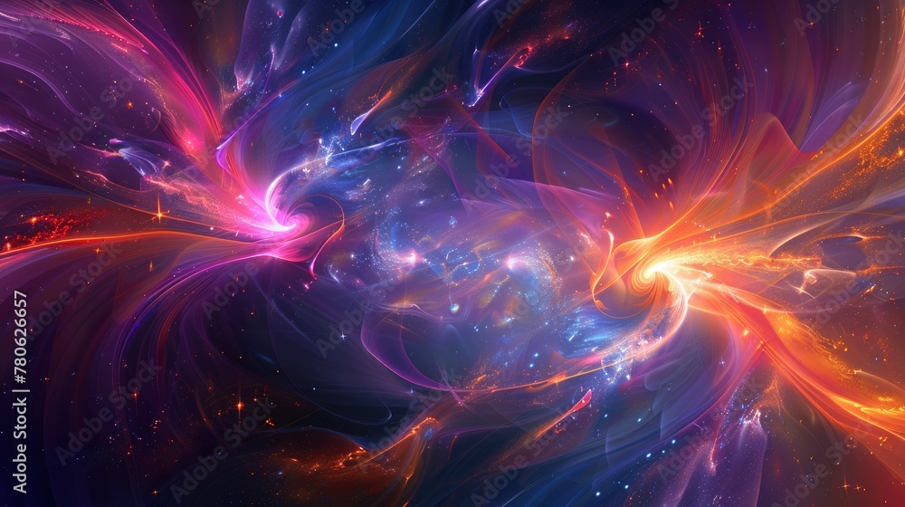 Abstract space background with stars and nebulae, fantasy digital art style. A cosmic scene featuring swirling galaxies, distant nebulas, and twinkling celestial bodies