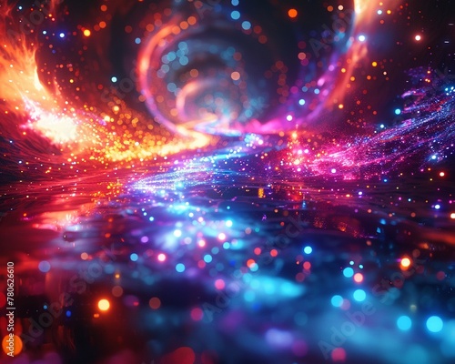 Journey through a digital realm illuminated by vibrant neon colors and shimmering light patterns ,3DCG,clean sharp focus