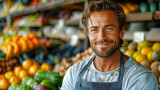 Portrait of handsome man selling fruits and vegetables in the market