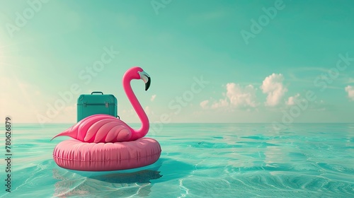 Pink flamingo inflatable belt with travel suitcase in turquoise blue water 3D Rendering. copy space for text.