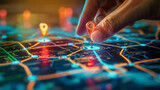 A hand interacts with a digitalized map full of illuminated location pins symbolizing connectivity and navigation
