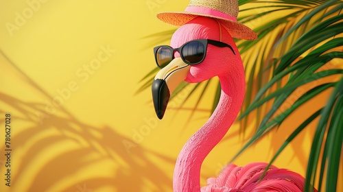 Pink flamingo with sunglasses and hat under palm leaf on yellow summer background 3D Rendering. copy space for text.