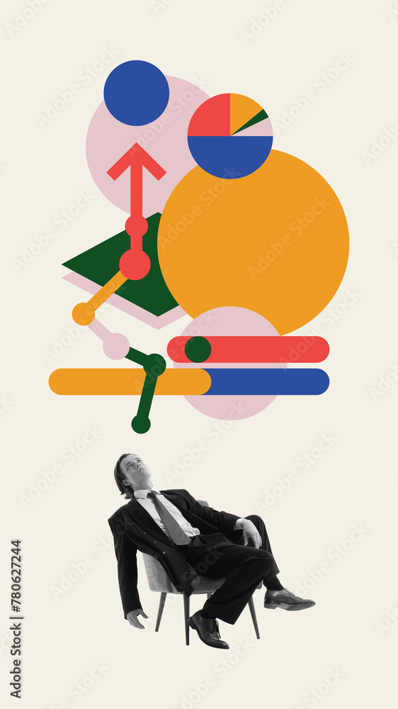 Male employee sitting on chair and looking upwards multicolored, tangled graphs. Contemporary art collage. Complexity of data analytics and strategy. Concept of business, challenges Male employee sitting on chair and looking upwards multicolored, tangled graphs. Contemporary art collage. Complexity of data analytics and strategy. Concept of business, challenges
