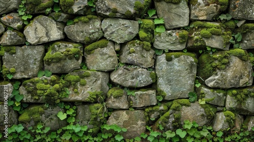 Beautiful texture of a moss covered stone wall background. A green nature pattern. A textured ancient rock surface with green grass and plants photo