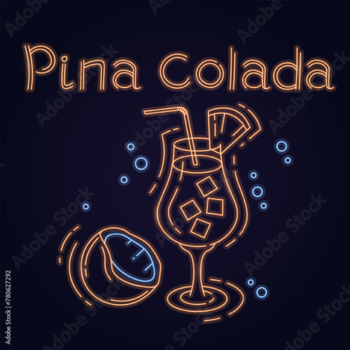 Outline neon pina colada cocktail in glass isolated on black background.