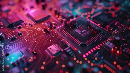 Closeup of a colorful circuit board with electronic components, with high resolution and high detail. Bright colors with macro photography