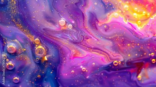 Colorful liquid background with bubbles and glitter, vibrant purple pink yellow abstract oil painting, psychedelic texture, swirling patterns of paint on water surface, top view, oil ink, colorful
