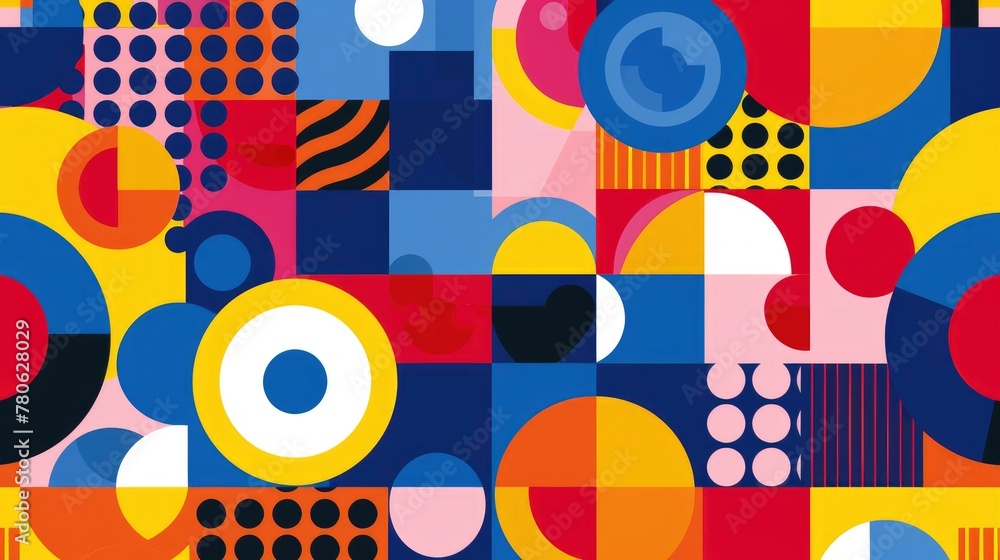 Obraz premium creates an abstract geometric pattern using circles and squares in vibrant colors such as blue, red, yellow, orange, pink and white