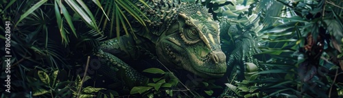 Hyper-realistic jungle behemoth, camouflaged within lush foliage © Pungu x