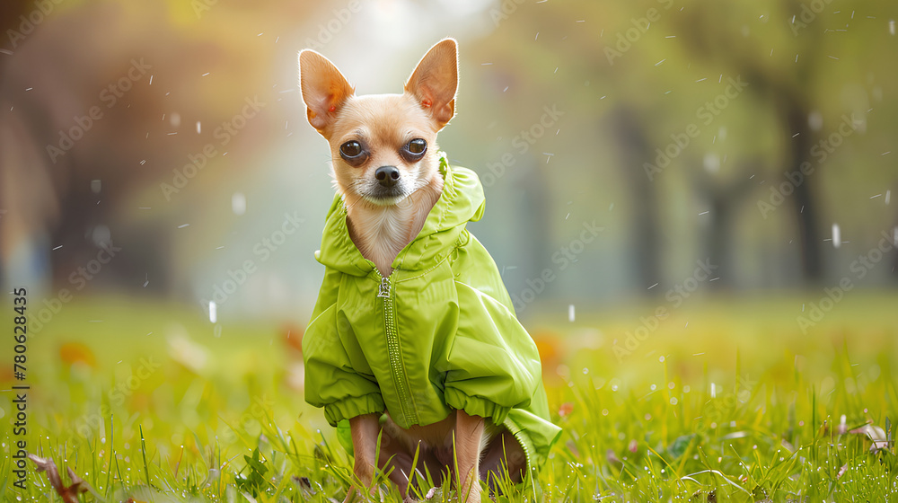 Little Chihuahua in Vibrant Green Raincoat Standing in Rainy Park