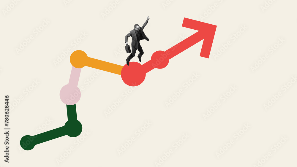 Man, employee going upwards multicolored arrow symbolizing upward career progression and growth. Contemporary art collage. Achieving career goals. Concept of business, motivation, ambitions Man, employee going upwards multicolored arrow symbolizing upward career progression and growth. Contemporary art collage. Achieving career goals. Concept of business, motivation, ambitions