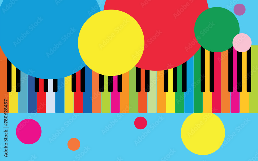 Multi-colored piano keys, blue background Multi-colored piano keys, blue background