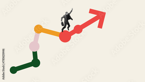 Man, employee going upwards multicolored arrow symbolizing upward career progression and growth. Contemporary art collage. Achieving career goals. Concept of business, motivation, ambitions